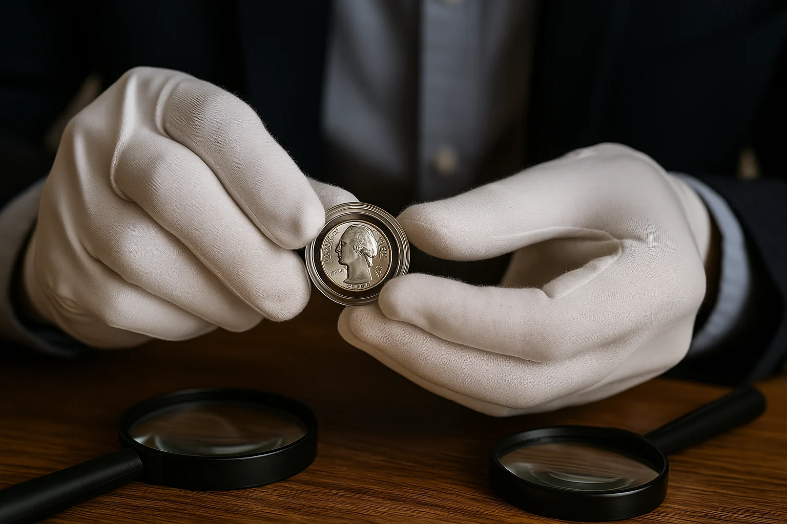 With gloved hands, a collector carefully places a quarter into a protective capsule, preserving its value and story for years to come.